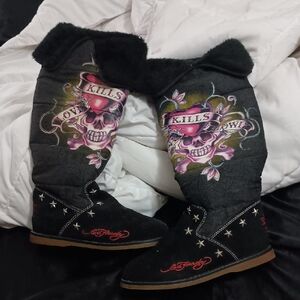 Y2k Ed Hardy Black and Pink Skull Embroidered Boots